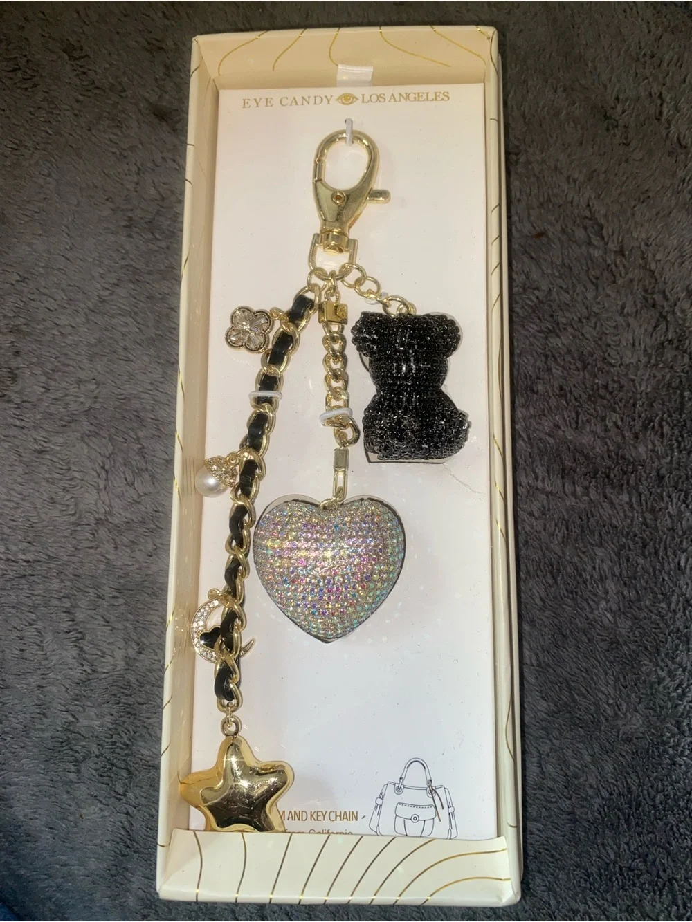 EYECANDY Black & Iridescent Heart Charm Keychain